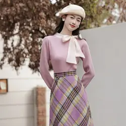 Women Spring Autumn Vintage Graceful Bowknot Sweater Plaid Skirts 1 or Two Piece Set Lady Retro Knit Tops High Waist Skirt Suits