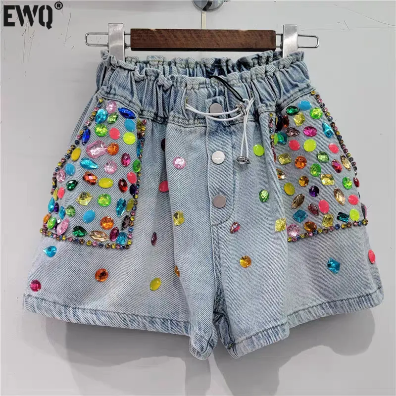 

[EWQ] European High Waist Button Sequined Multicolour Gemstone Design Denim Short Pants For Women 2024 Summer New Clothing GZ425