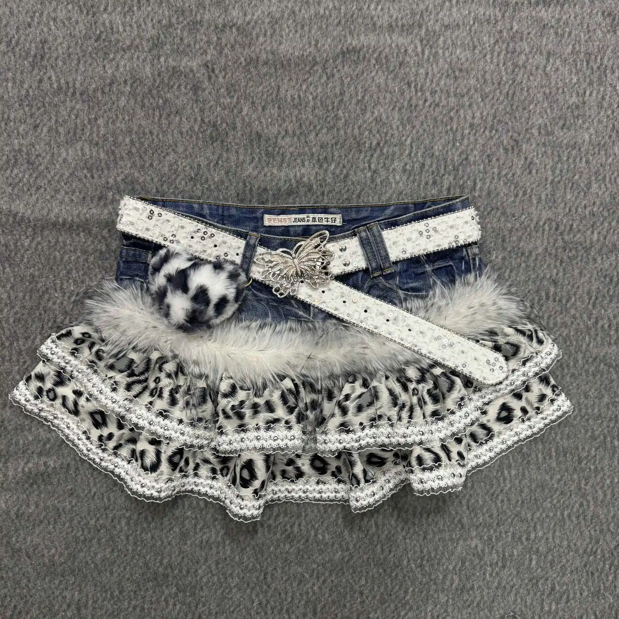 Black and White Leopard White Rivet Custom Denim Patchwork Short Skirt for Spicy Girls