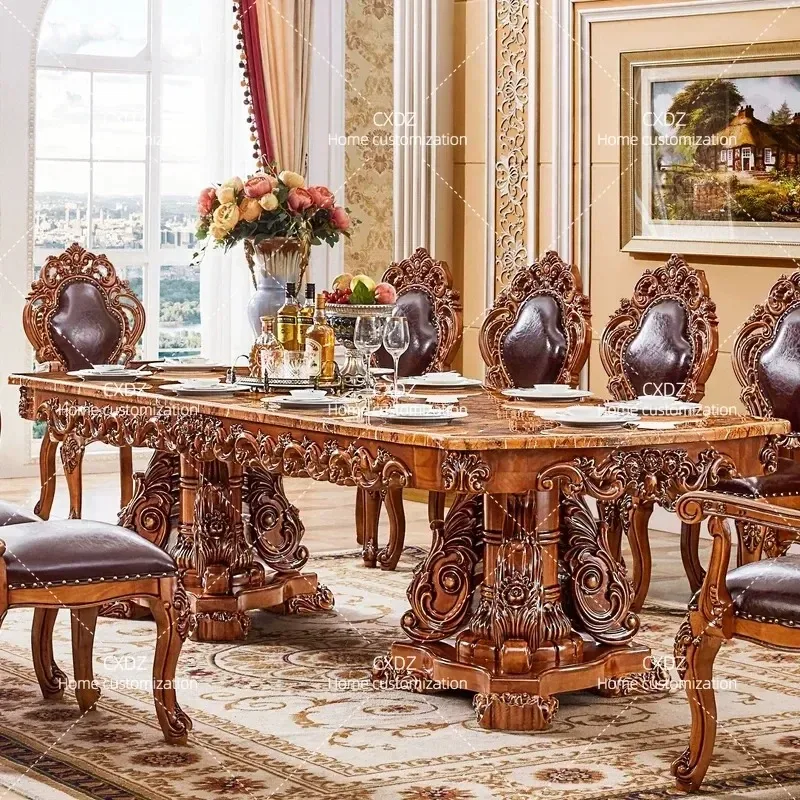 European Marble Dining Table Solid Wood Carved Retractable Square Table for Villa Hotel Clubhouse Home Super Long Western