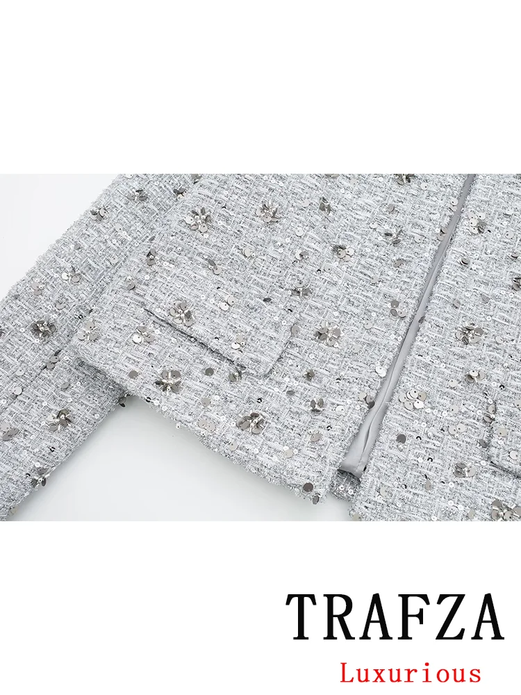 TRAFZA Vintage Casual Chic Women Jackets Sequins O-Neck Open Stitch Long Sleeve Coats New Fashion 2024 Spring Holiday Coats