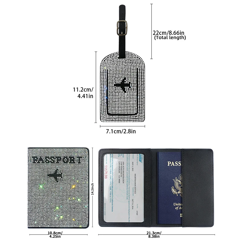 Bling Car Passport Cover Case and Luggage Tag Crystal Diamond Auto Card and Passport Holder Luggage Car Accessories for Women