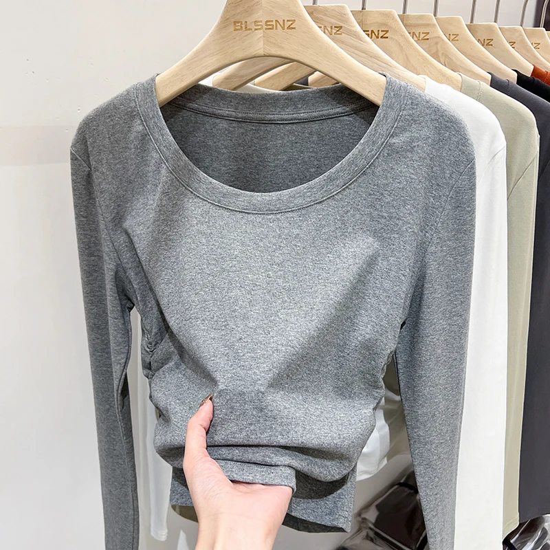 한국 스타일 심플 베이스 레이어 탑 2025 슬림핏 긴팔 O넥 여성 티셔츠 가을 사이드 플리츠 솔리드 다용도 티셔츠