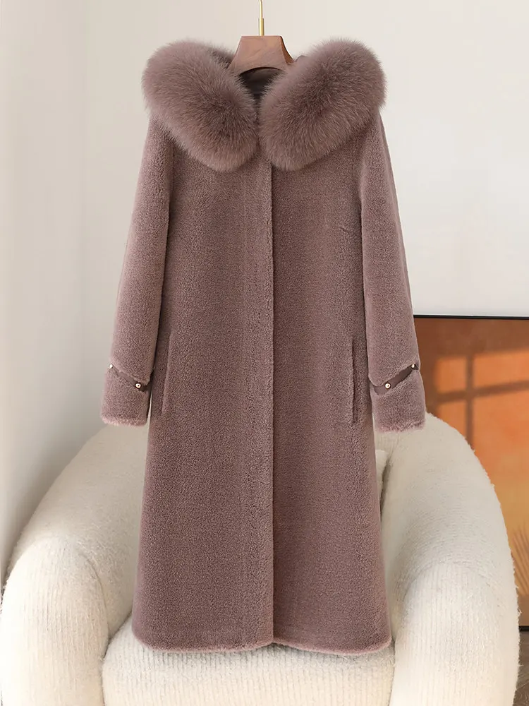 تخفيضات على نموذج جديد لمعطف نسائي من جلد الغنم 2025 مع ياقة فرو ثعلب بغطاء للرأس ومزيج من الصوف والفراء