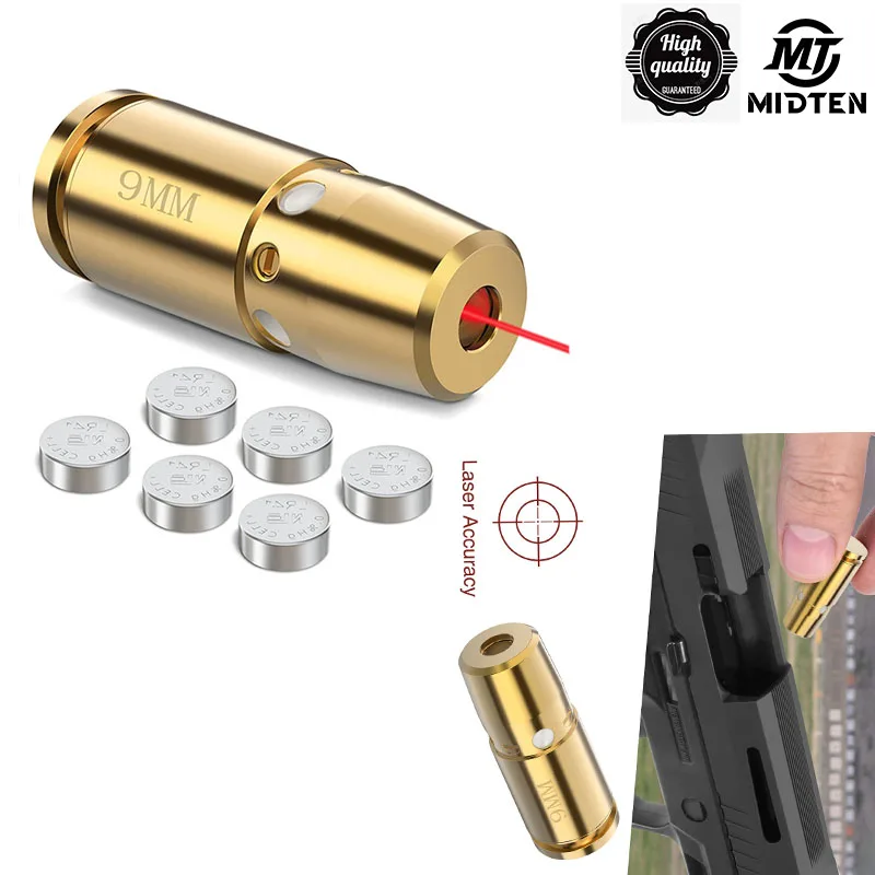 

MidTen Optics Cartridge Red Dot Laser Bore Brass 9MM Bore Boresighter For Pistol Rifle Scope Hunting Accessories 6 Batte