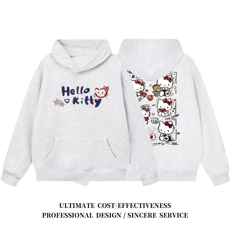 سويت شيرت بقلنسوة مطبوع عليه علامة تجارية أزياء أمريكية HelloKitty للسيدات في الربيع والخريف، بلوزة جديدة فضفاضة ومتعددة الاستخدامات بأكمام طويلة
