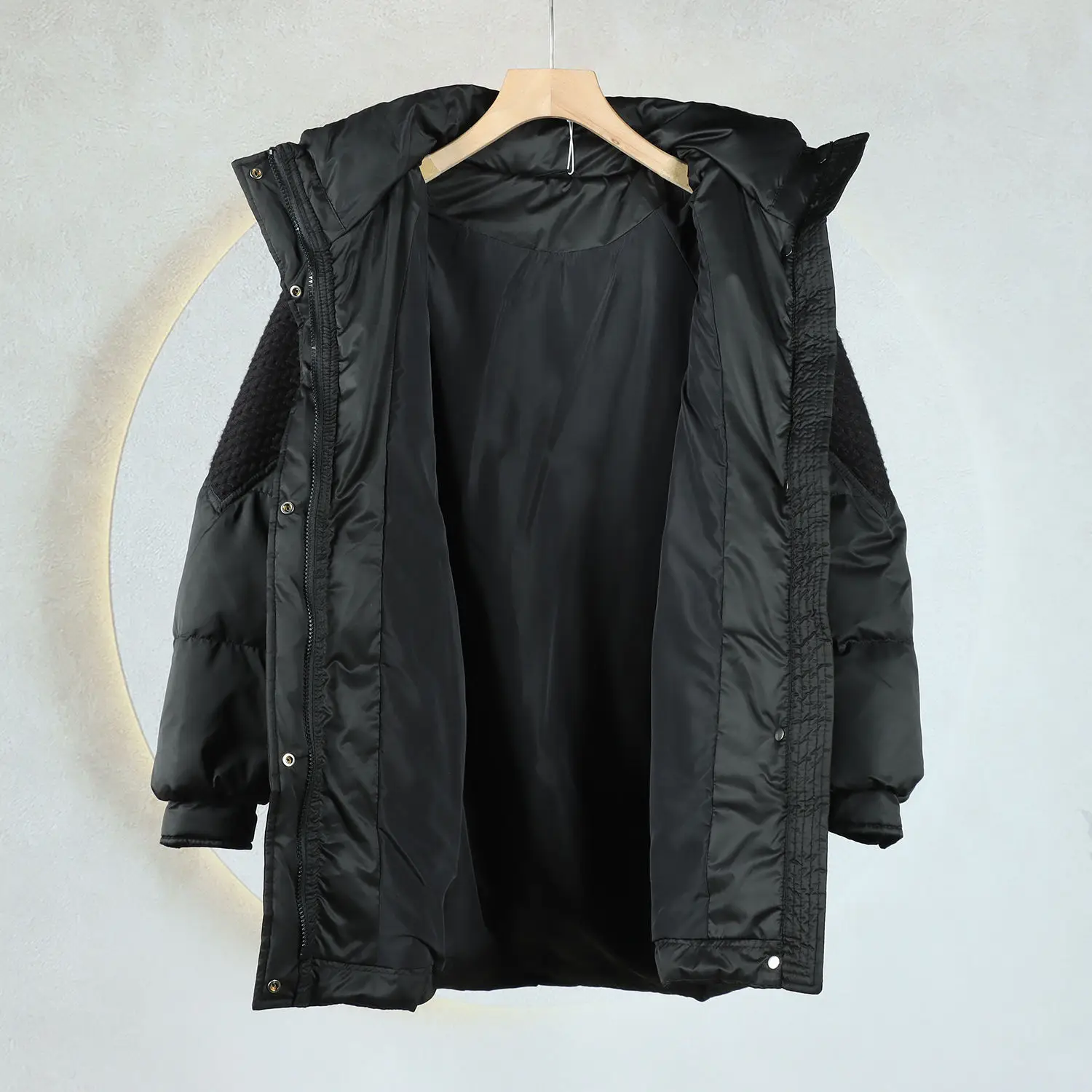 2025 겨울 신작 여성 다운 재킷 루즈한 후드 니트 스플라이싱 재킷