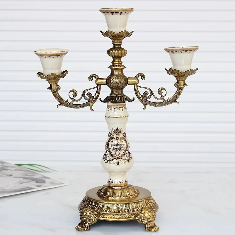 European alloy ceramic candle holder villa model room living room entrance dining table decoration ornament American three-head