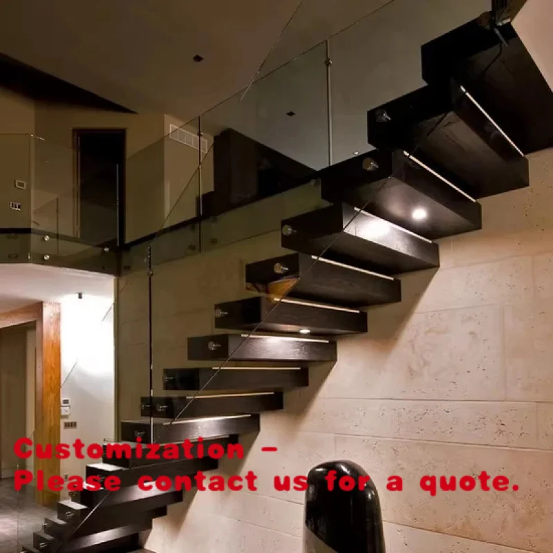 custom.Modern Floating Staircase Design Black Powder Coated Steel Treads with Tempered Glass Railing Loft