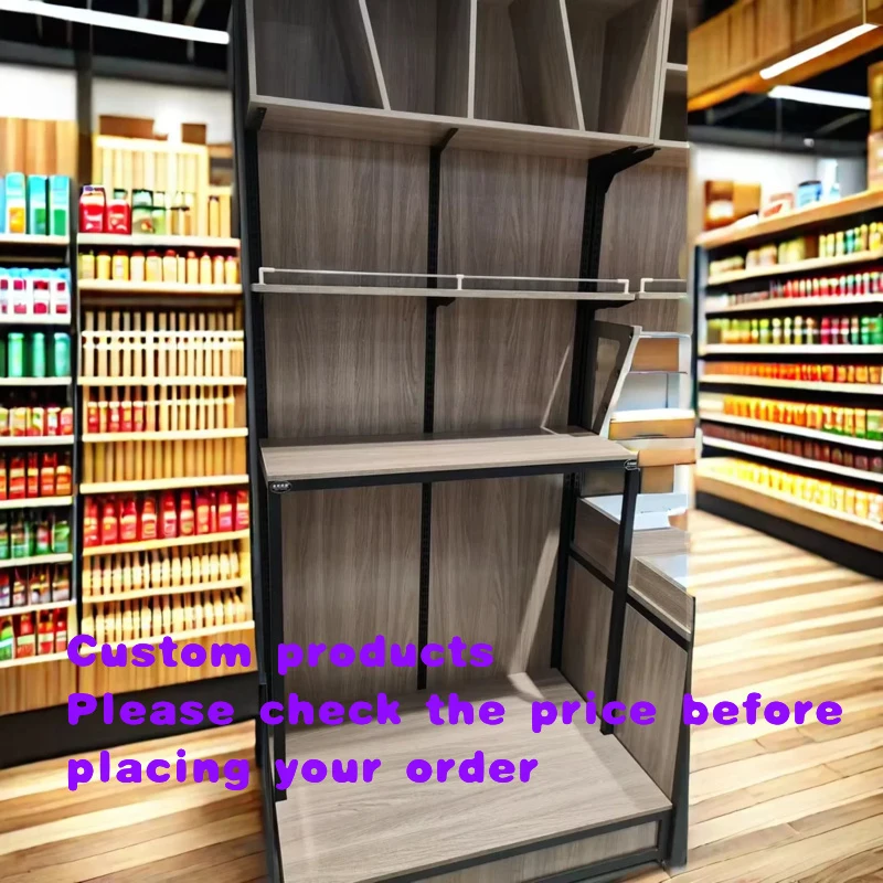 custom.Supermarket Double-Sided Gondola MDF Board Wooden Metal Display Racks Grocery Display Shelf Supermarket Use