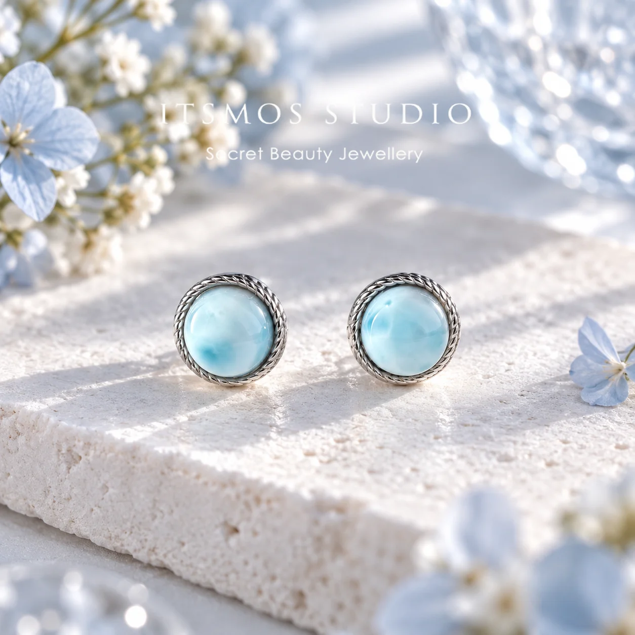ITSMOS Genuine Dominican Larimar Earrings Silver Post Hypoallergenic Dainty Studs Calming Crystal Anxiety Jewelry for Women Gift