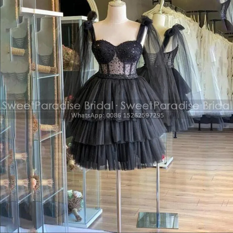 

Sequins Short Cocktail Dresses With Bow Spaghetti Straps Tiered A Line Customized Sheer Waist Birthday Party Dress