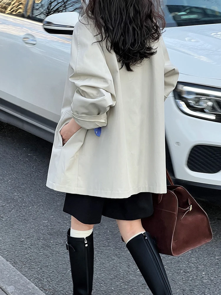 [EAM] Women Beige Big Size Plaid Belted Trench New Stand Collar Long Sleeve Windbreaker Fashion Tide Spring Autumn 2024 1DH4754