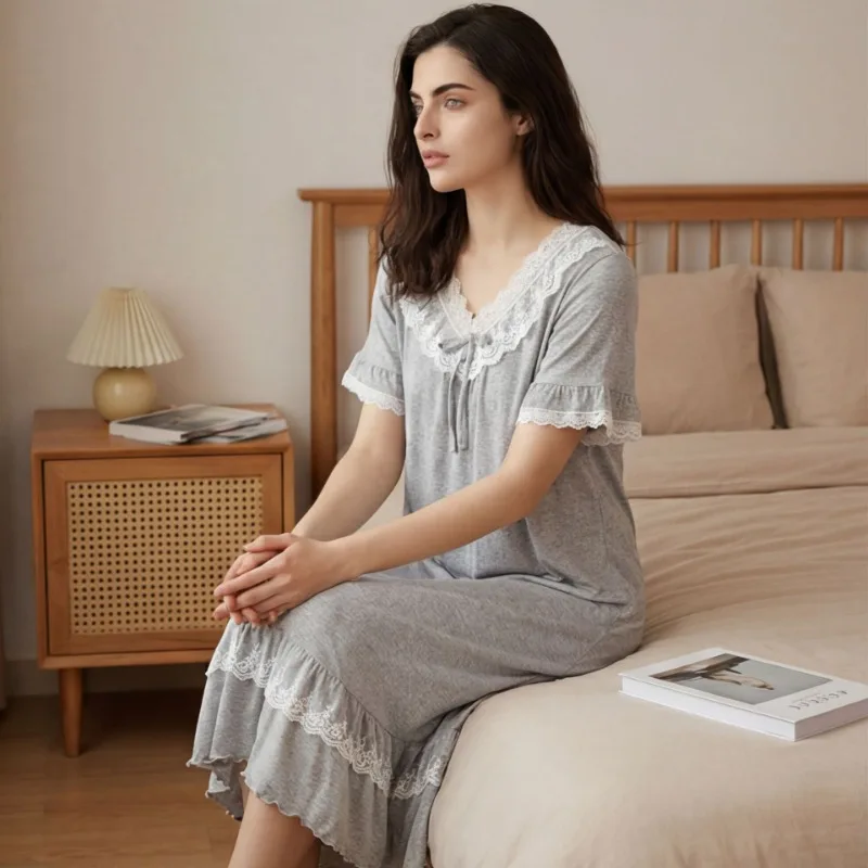 

Soft and Sweet Wind Short-sleeved Women's Nightdress Wavy Edge Cuffs Skirt Loose Medium and Long Version Pajamas 2026