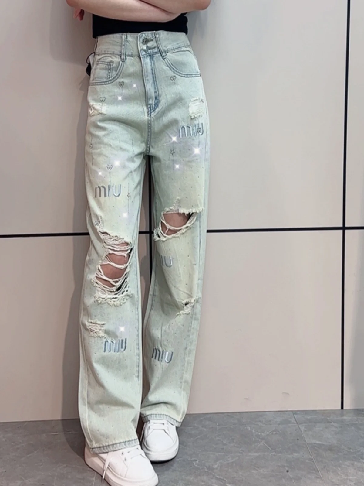 

Women Light Blue Y2k Ripped Jeans Baggy Harajuku Oversize Denim Trousers Vintage Jean Pants Japanese 2000s Style Trashy Clothes