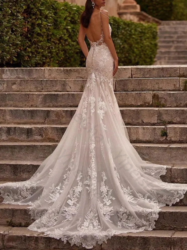 Customized Sequin Lace Wedding Dresses V-neck Decal Sweeping Train Backless Mermaid Bride Evening Dress Sexy Prom Party Gowns
