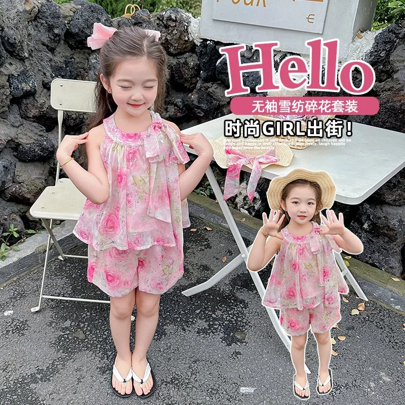 

Baby Summer Fashionable Suit Children's Rose Sleeveless Two-Piece Suit Kid Shorts Sleeveless TopXT-77293