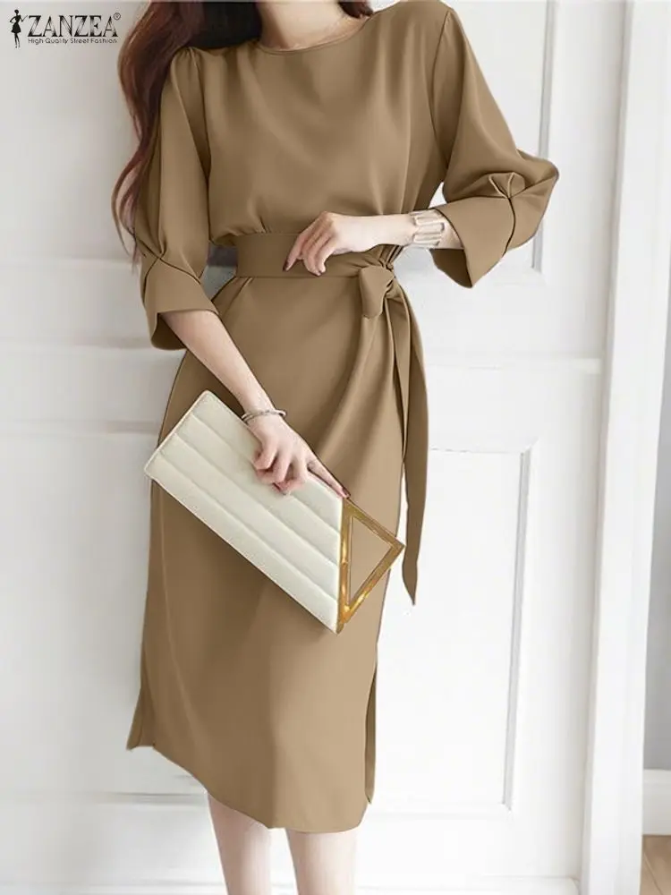 

ZANZEA Elegant Shirt Vestidos Women Autumn 3/4 Sleeve Belted Party Sundress 2025 Fashion Round Neck Casual Solid Midi Dresses