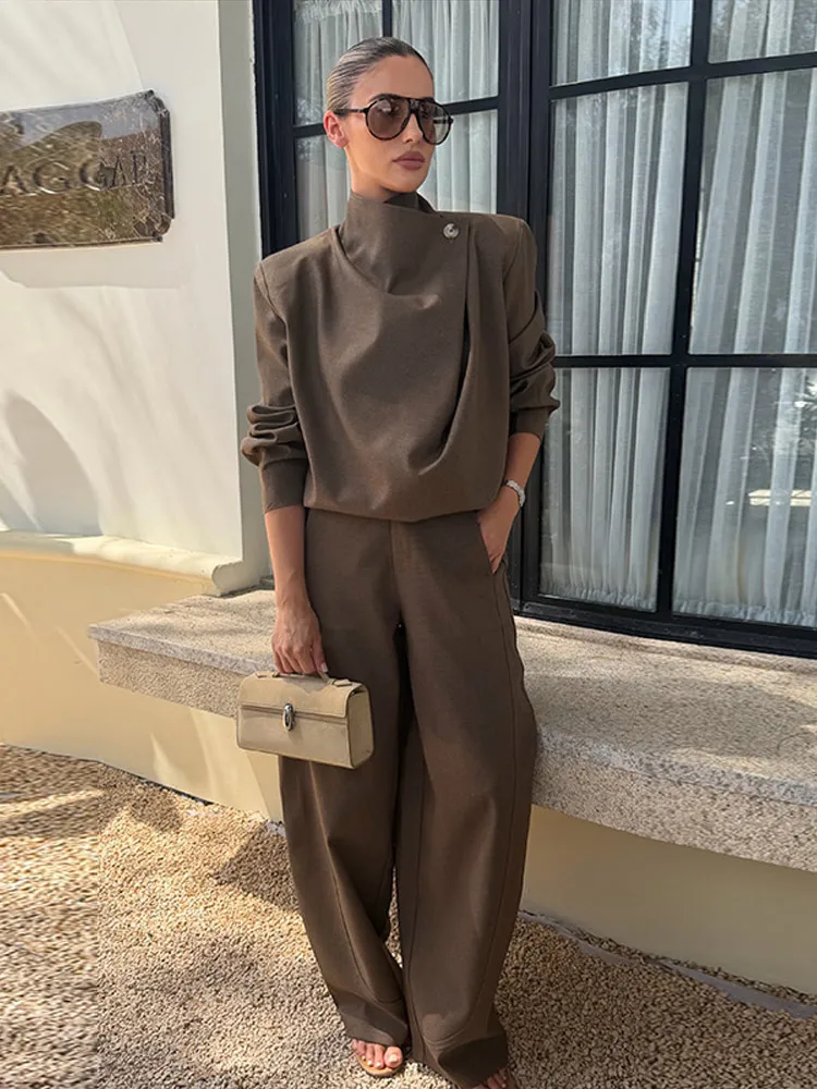 Lässiger Stehkragen Damen-Mantel-Hosenanzug, Langarm-Loose-Top, Weite Hose, 2-teiliges Set für Sommer/Herbst 2026, Neu für Damen