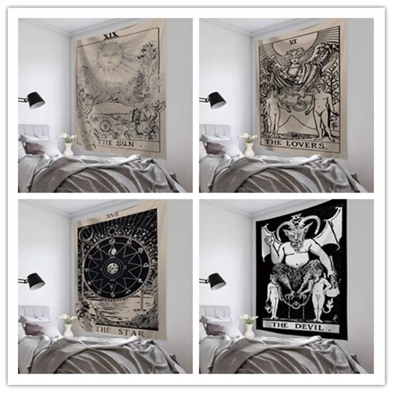 VIKAMA Vintage Tarot Card Tapestry The Sun Lovers Star Devil Witchy Wall Hanging Mystic Dark Aesthetic Dorm Bedroom Home Decor