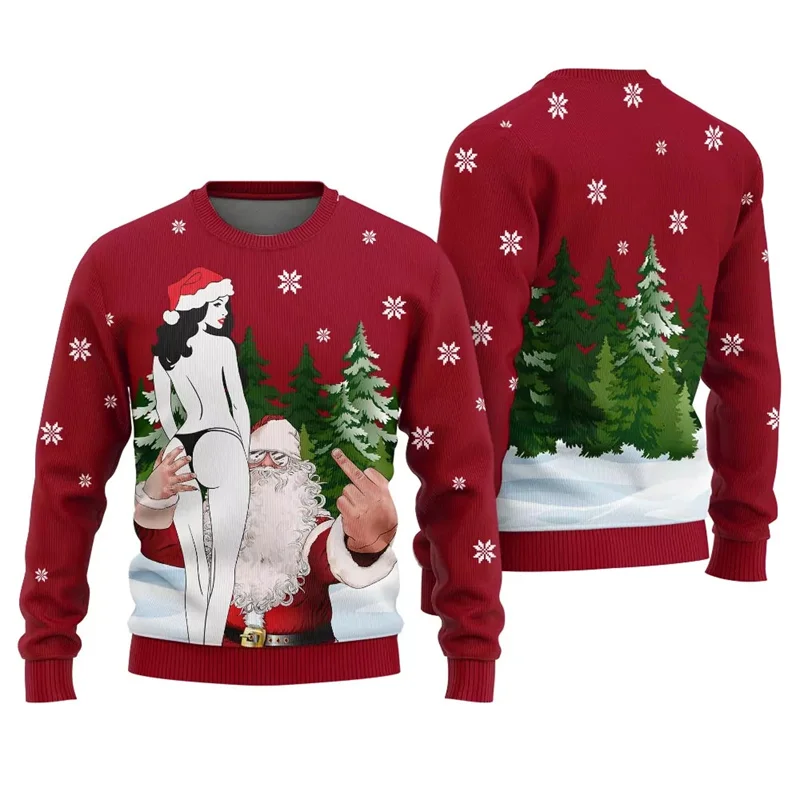 Sexy Girl With Santa Claus Ugly Sweater Christmas Print Funny Pattern Long Sleeve Pullover Top Festival Fashion Unique Sweaters