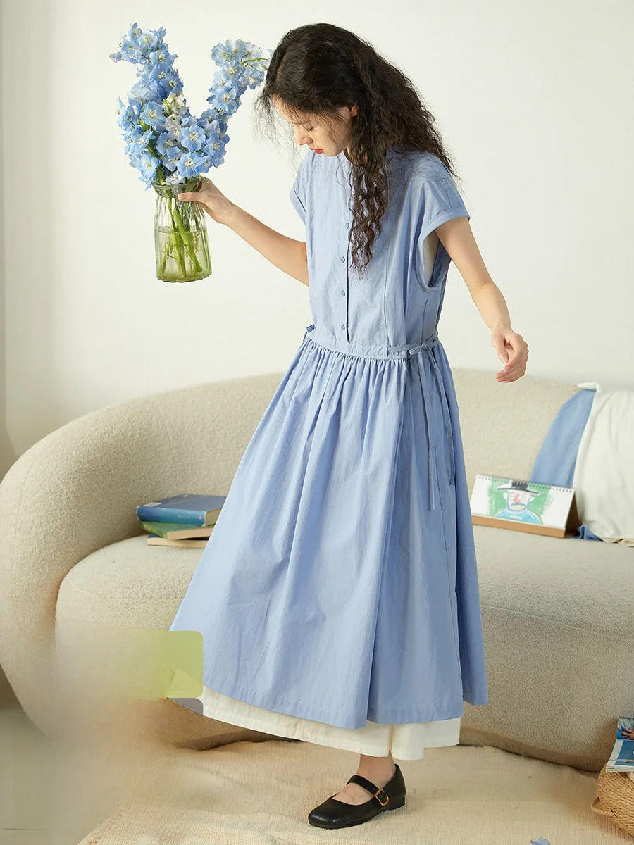 

Original Pure Cotton Blue Summer Dress Women's Thin Casual Mid-Length Sleeveless Kimono Shoulder Skirt Japanese Style Loose W...