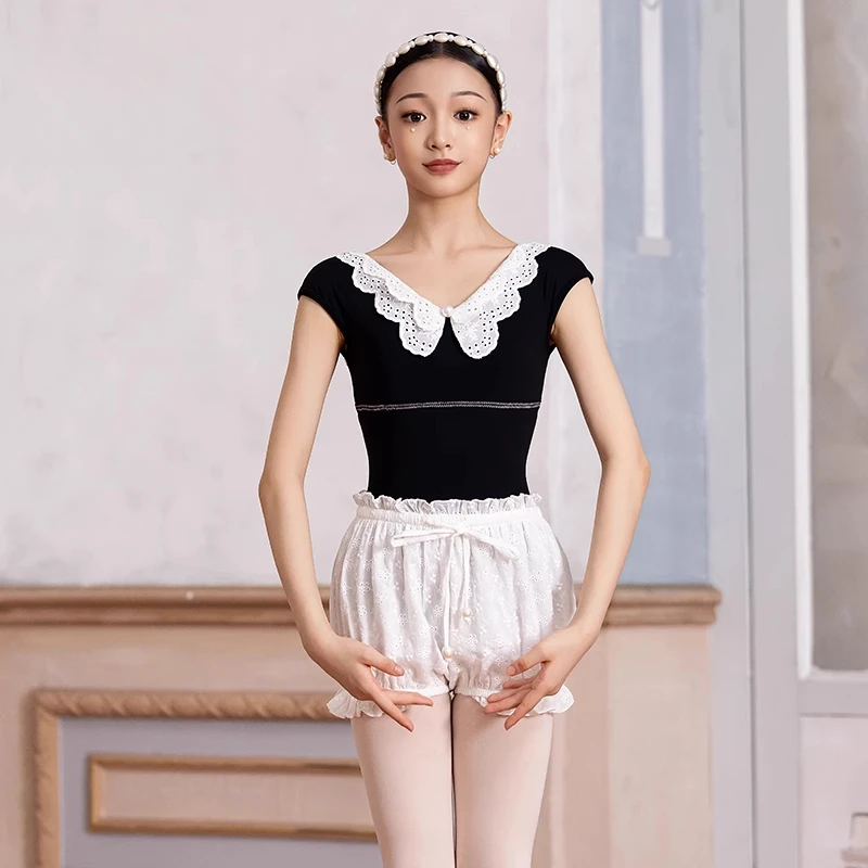 

Girl Ballet Leotard Color Blocking Gymnastics Bodysuit Short Sleeve Lace Collar Training Clothes Children Backless Dancewear