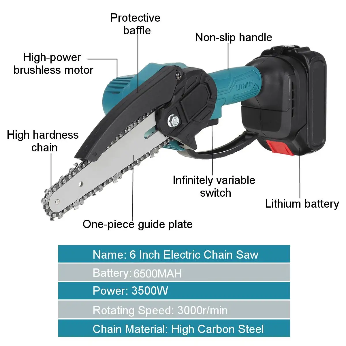 6inch Electric Chainsaw Cordless Woodworking Saw Portable Handheld Mini Chainsaw Tree Branches Cutter for Makita 18V Battery