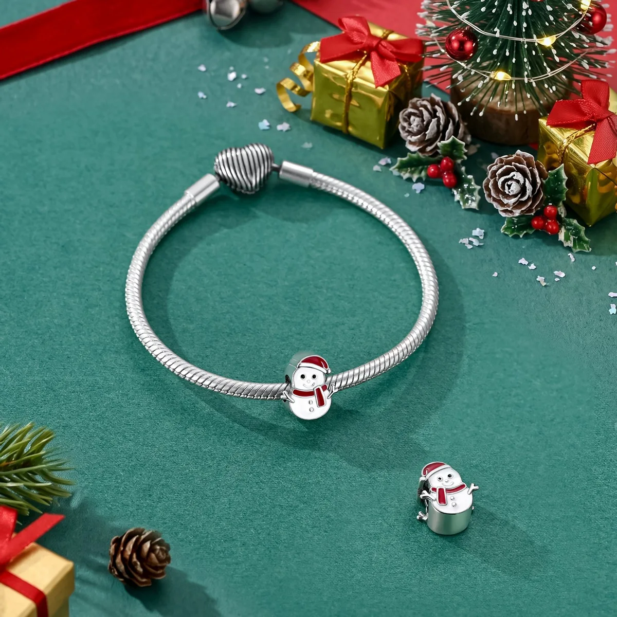 925 Sterling Silver Snowman Santa Hat Bead Red Enamel Charm for Women DIY Bracelet Winter Christmas Jewelry
