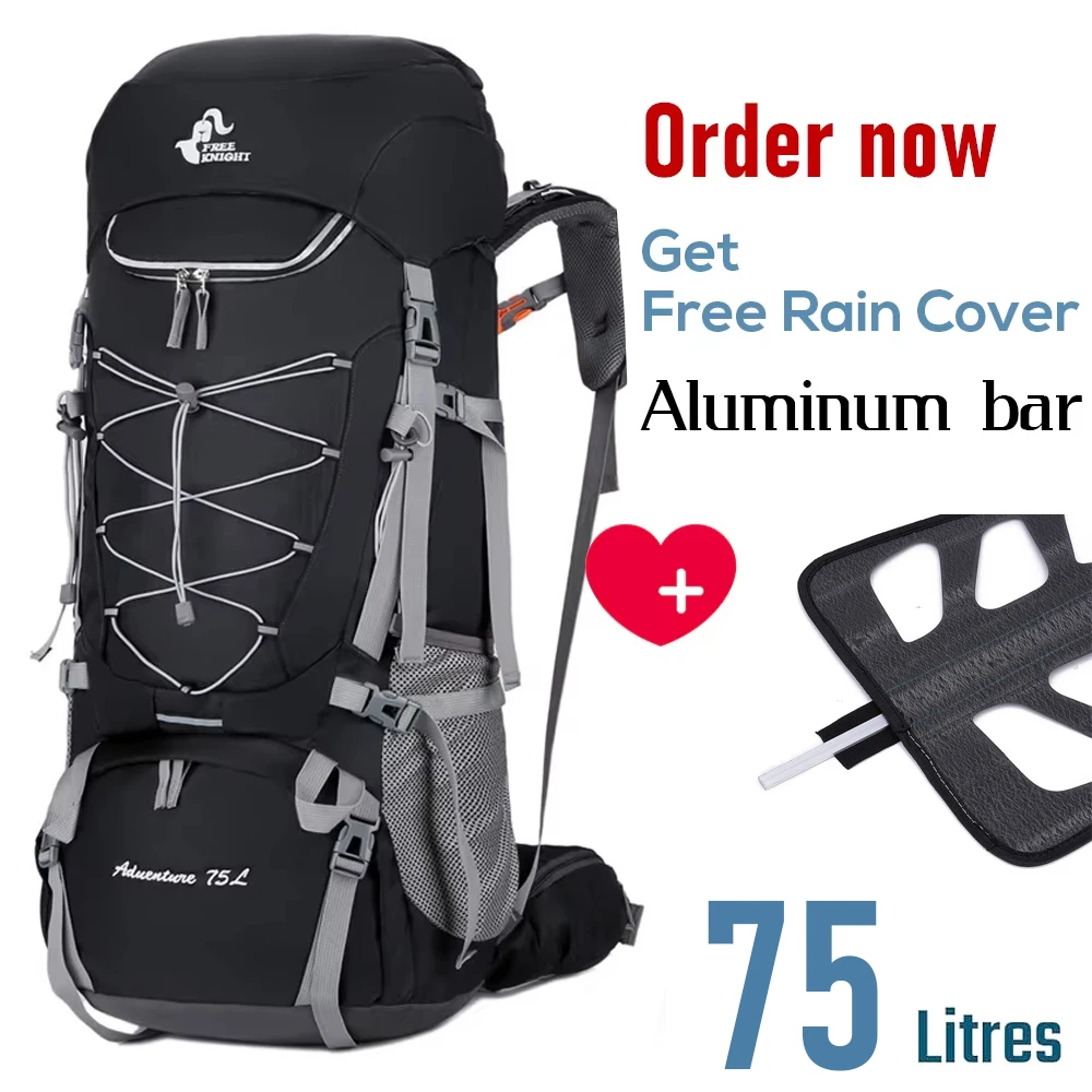 

Tactical Large Rucksack with Metal Frame,FREE KNIGHT Camp Backpack Hiking Sports Travel Mountaineering Bag 75L Free Rain Cover