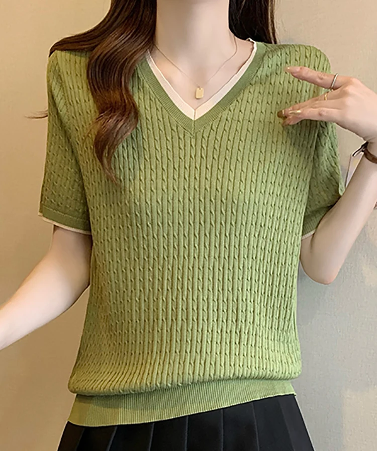 

2024 Summer Top Hollow Out Knitted T Shirt Women Casual Loose V-Neck Short Sleeve T-Shirts Womens Clothing Tees Camisetas Mujer