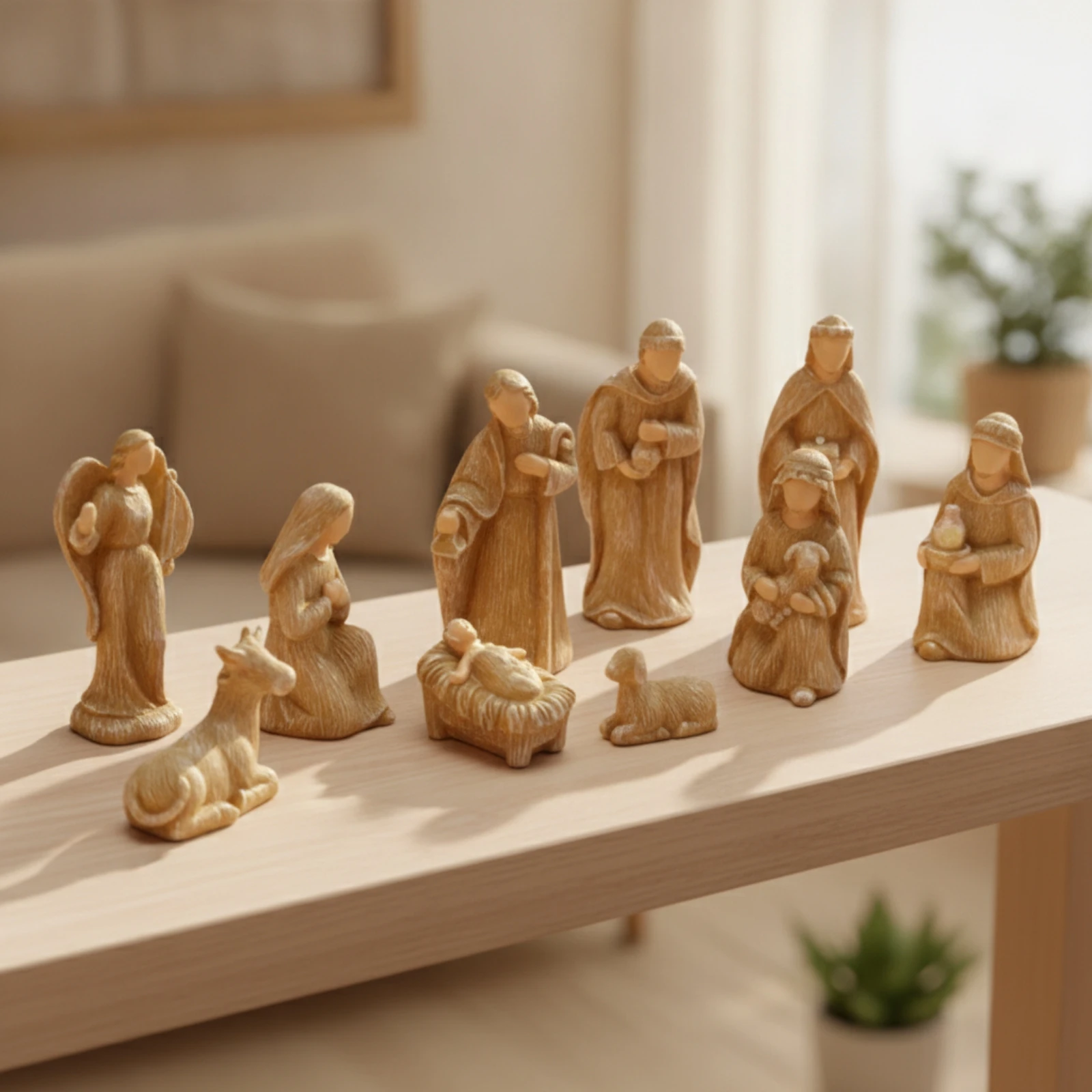 10 Pieces Nativity Figurine Set Carved-Look Manger Display with Religious Figures Ornament Gold-Toned Camel Figure Decorative