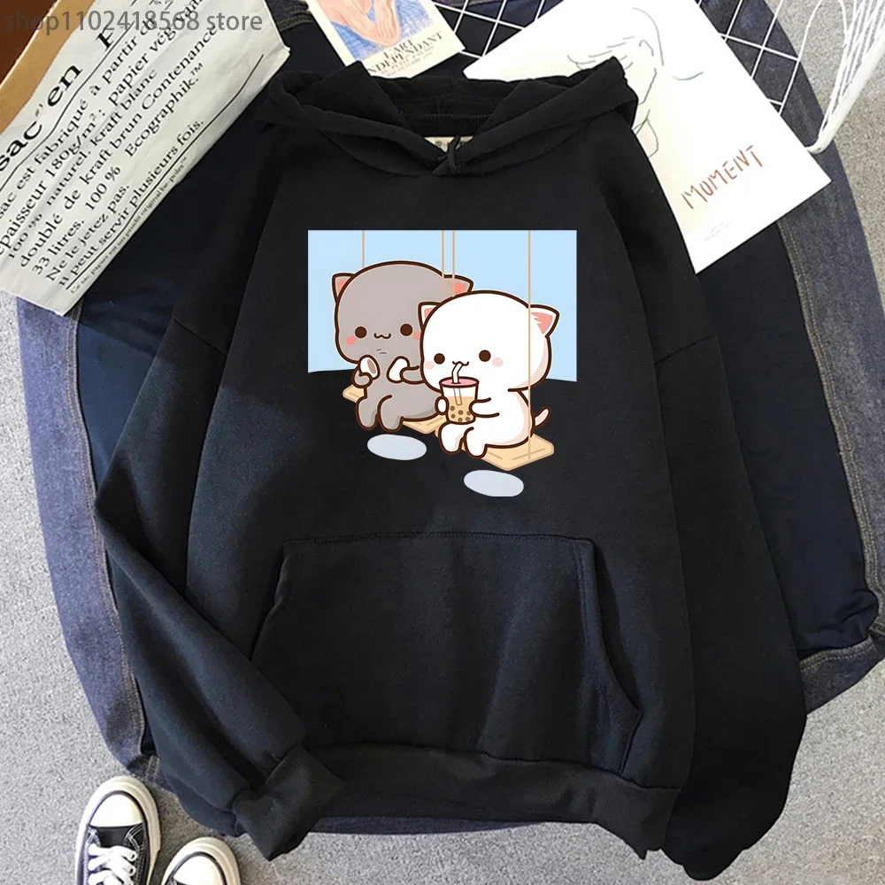 Cute Peach Cat Cartoon Hoodies Bubble Tea Sweatshirt Mujer Camisetas Black Top Winter Kawaii Graphic Long Sleeve Women Clothing