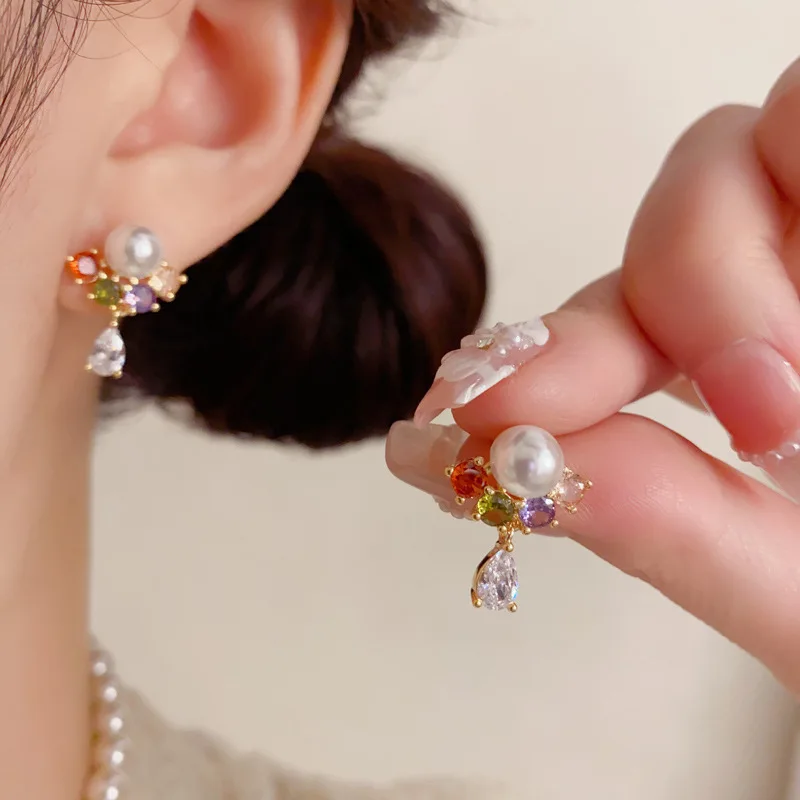 Charming Multi Color Stone Cluster Earrings Featuring Smooth Top Bead And Sparkling Tear Drop Charm Party Jewelry