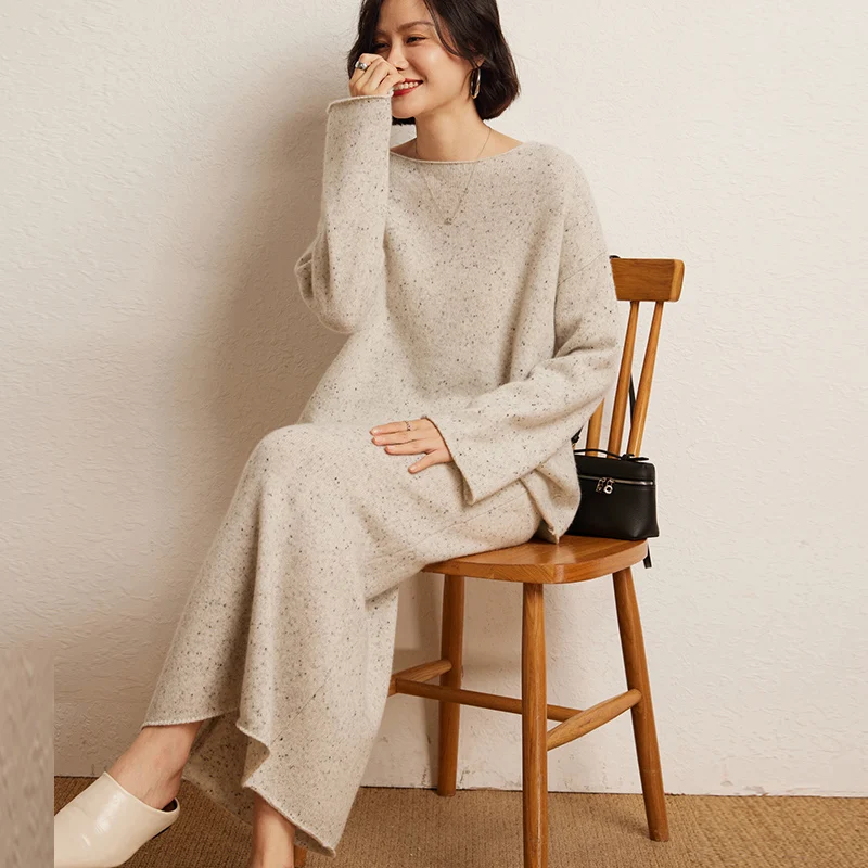 Fashion Suit Winter 100% Cashmere Knitted Sweater Quality Women Pullover And A-line Skirt Two-Piece Female Skirt Ladies Clothes