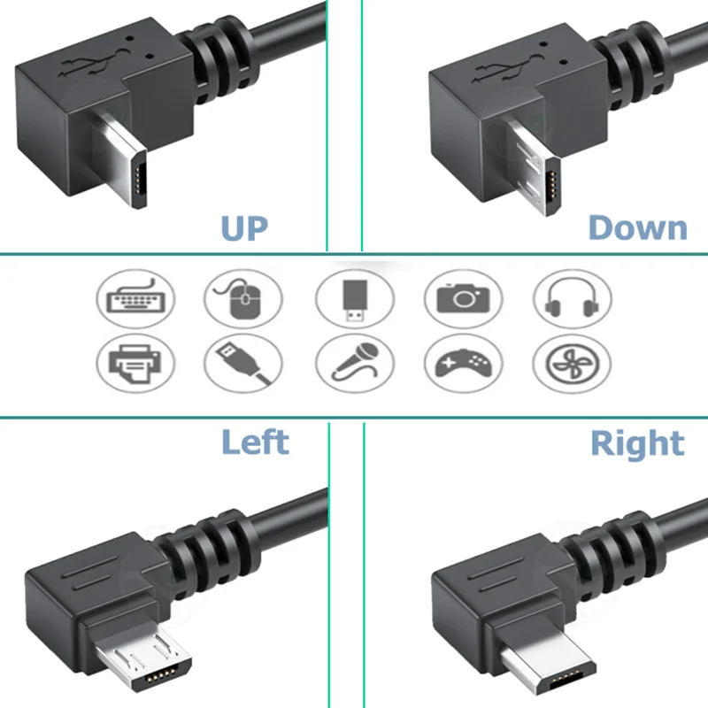 Up & Down & Left & Right Angled 90 Degree Micro USB Male to USB male Data Charge connector Cable 0.5m 1m for mobile phone Tablet