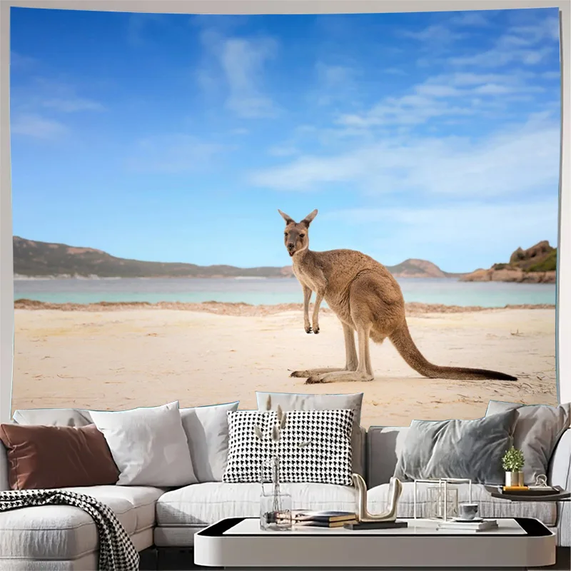 Boho Kangaroo Beach Tapestry Wall Hanging Australian Wildlife Mural Coastal Tropical Safari Room Decor Boho Canvas Art Print Art