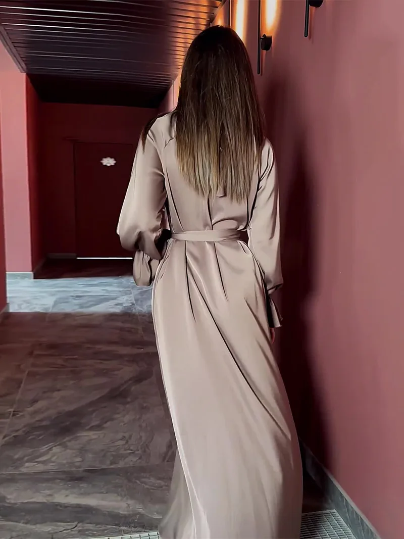2024 Spring Autumn Modest Solid Color Satin Long Sleeve Dress Belt Party Women Clothes Graceful Crew Neck Lady Casual Dresses