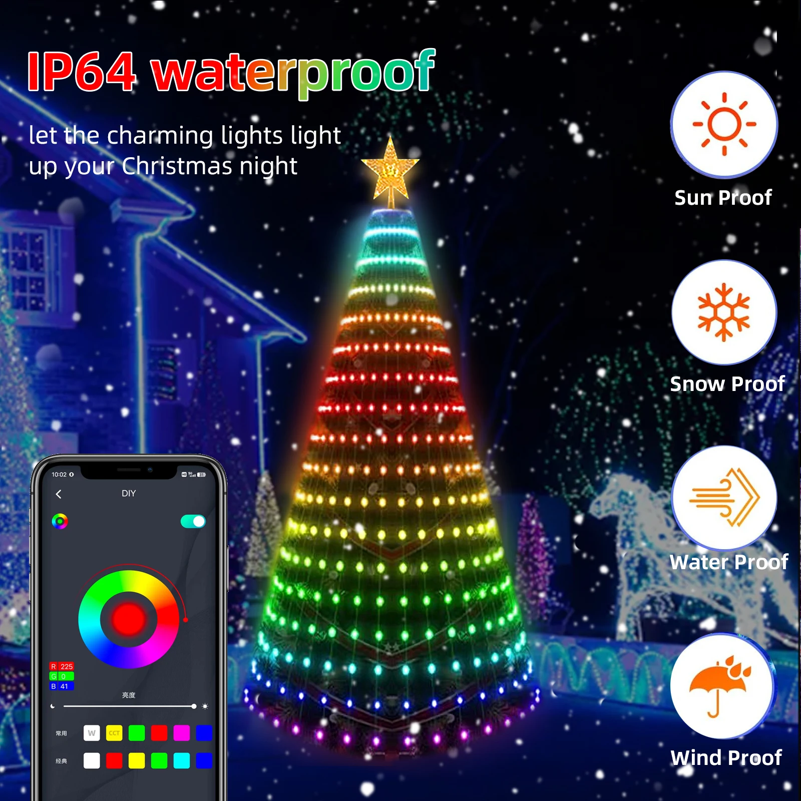 Lampu pohon Natal RGB pintar, lampu LED dekorasi pohon Natal senar bintang air terjun aplikasi Bluetooth irama musik RGB