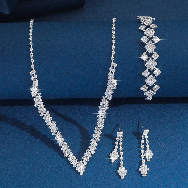 Simple Tassel Sparkling Jewelry Set Gifts Geometric Rhinestone Necklace Earrings Bracelet Kit Wedding Bride Jewelry Set 1Set