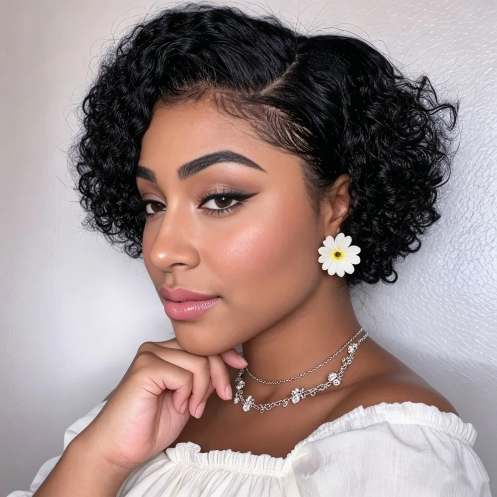 

Short Pixie Cut Wig Curly Human Hair Wigs For Women 13x4x1 T part lace Transparent Deep Wave Lace Wig Preplucked