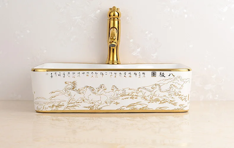 Chinese bathroom sanitary ware electroplated color gold stage art basin, wholesale rectangular ceramic wash basin