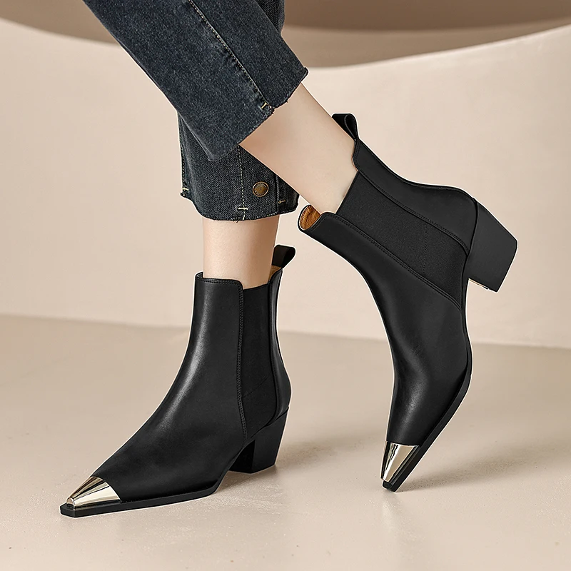 MORAZORA Natural Genuine leather boots women metal pointed toe ladies ankle boots for women square heels spring autumn shoes