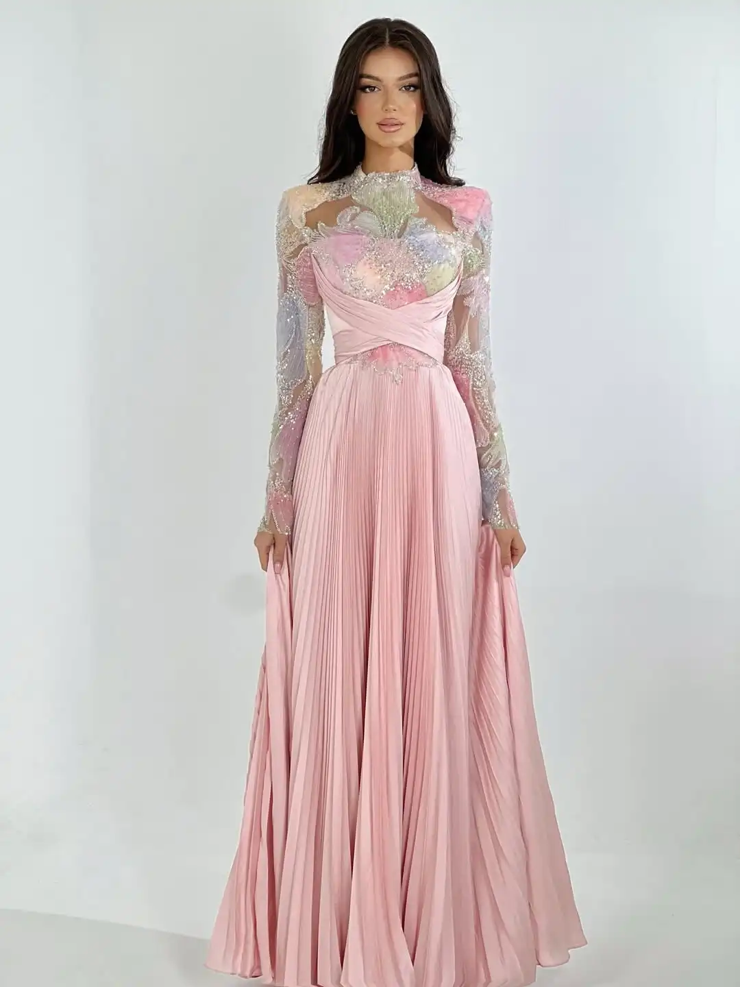 

Ofherown новое розовое вечернее платье с градиентными пайетками, женское платье с длинным рукавом и высоким воротом, прозрачное сетчатое плиссированное вечернее платье для выпускного вечера 2026