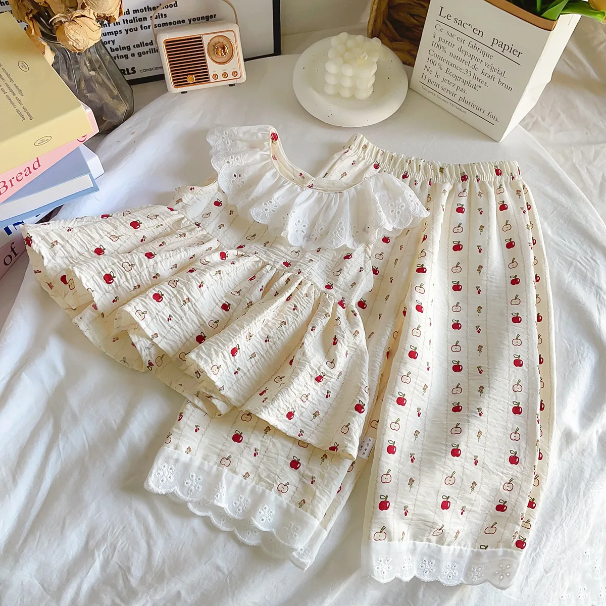Conjunto de Top con Encaje y Pantalones Largos Estilo Coreano para Niñas, Elegante Atuendo Infantil a la Moda
