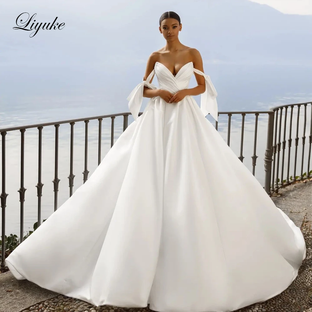 

Liyuke Elegant Off Shoulder Sweetheart A-Line Wedding Dress Luxury Stunning Satin Beading Lace Bridal Gowns Vestido De Noiva