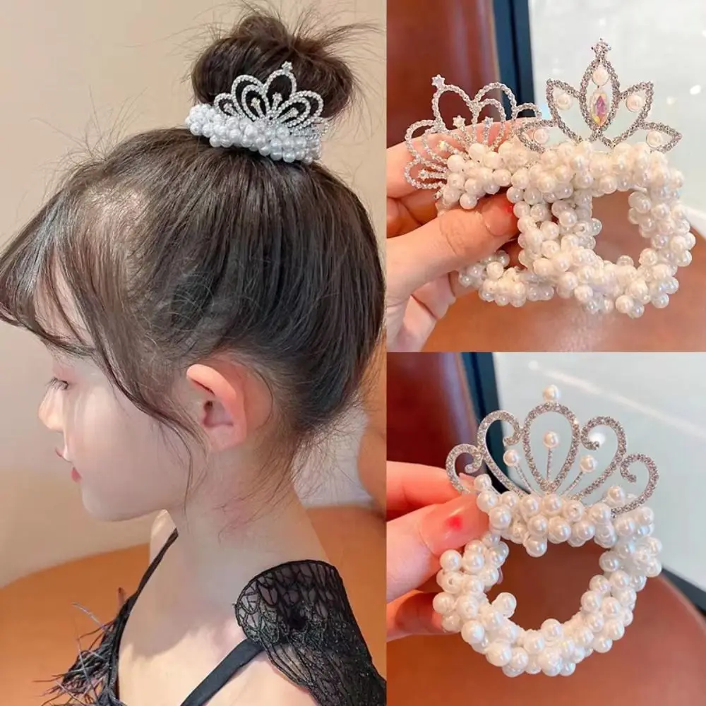 Fashion Pearl Crown Princess Hair Bands Elastic Rubber Bands Children Ball Hair Bun Ties Hair Styling Accessories