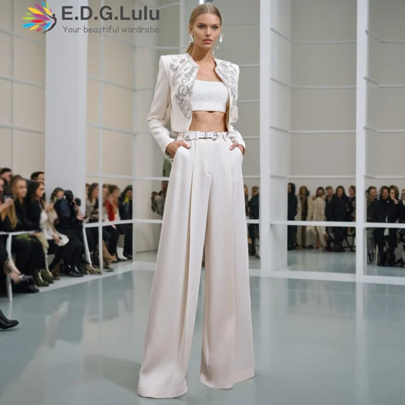 

EDGLuLu Outfits For Women 2 Piece Set Heavy Industry Dingzhu Suit Jacket+High Waist Straight Leg Wide Leg Pants White Suit 0911