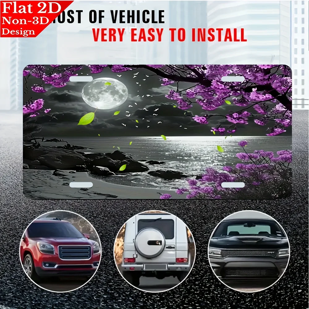 2D flat, 1pc Nighttime coastal landscape with purple flowers Aluminum License Plate,Decorative Car Front License Plate