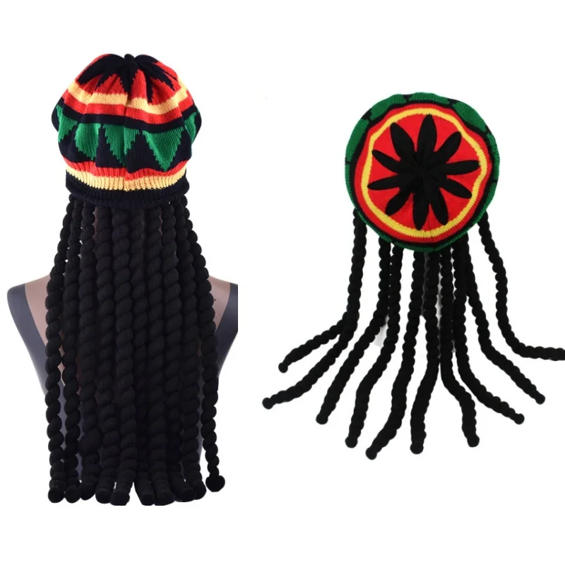 Unisex Synthetic Wig Knit Braid Hat Jamaican Bob Rasta Beanie Cap Dreadlocks Wig Bob Marley Caribbean Hip Hop Cosplay Headwear